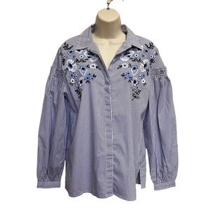 Halogen Blue White Striped Floral Embroidered Shirt Sz XS
